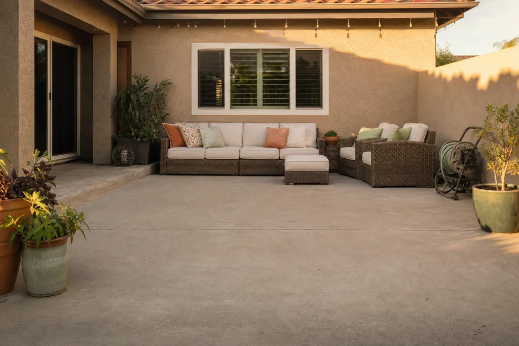 Patio with furniture pushed against the back wall leaving the center empty, a common patio design mistake