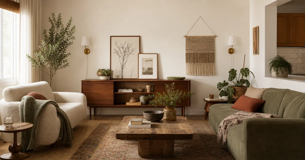 A rental apartment living room styled with removable decor, leaning art and a woven wall hanging, no nails used
