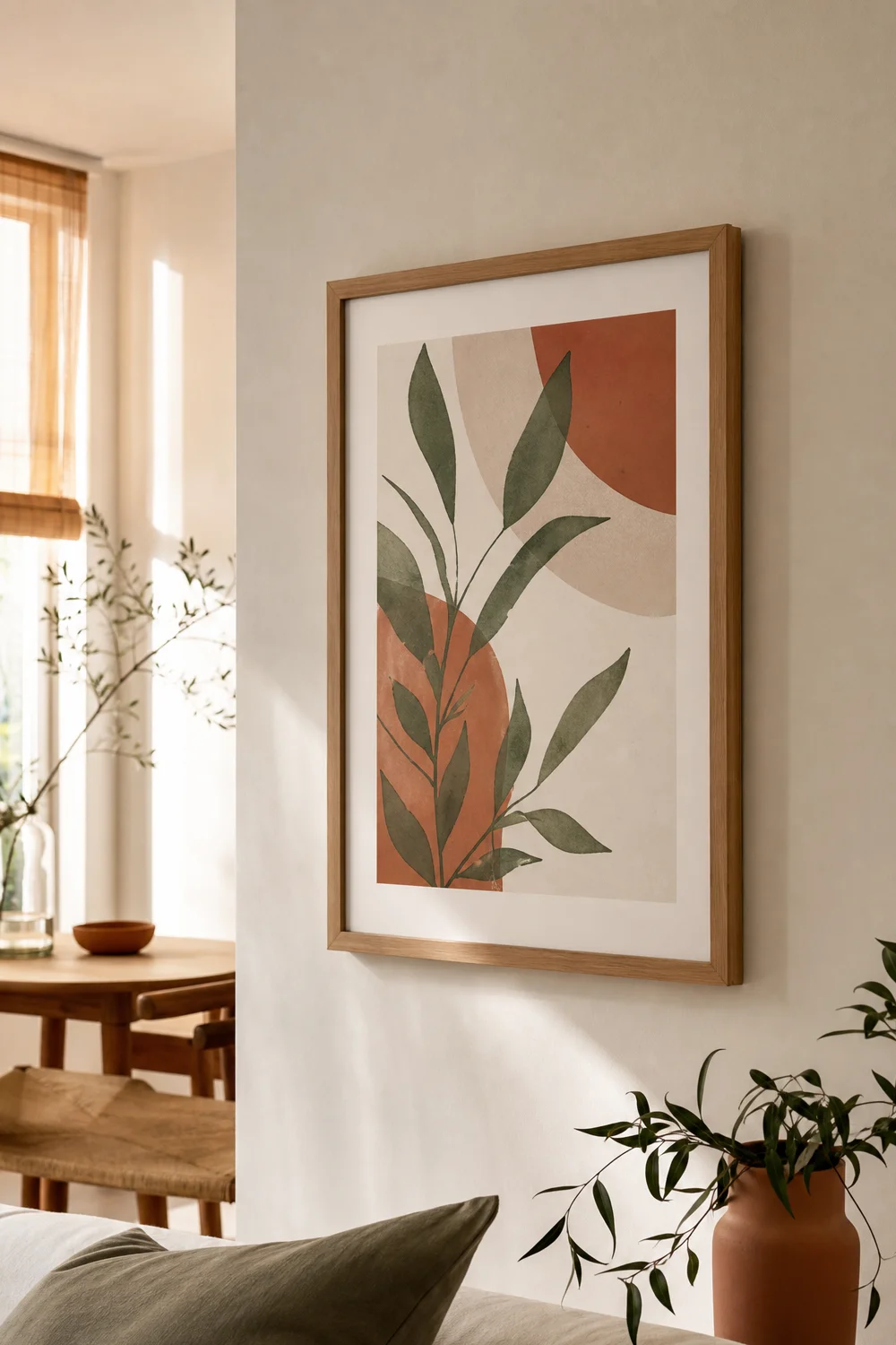 A framed print hung with heavy-duty command strips on a rental apartment wall