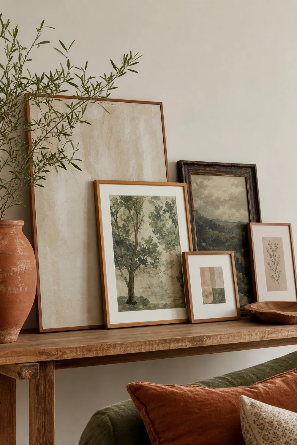 A leaning gallery of framed art propped against a rental living room wall