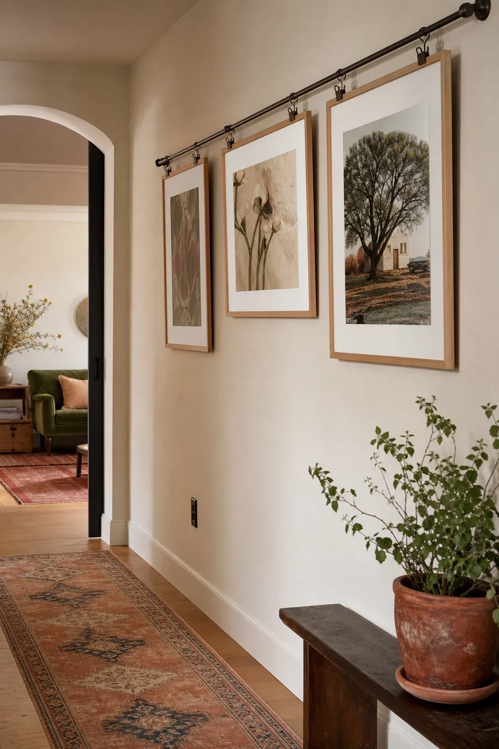 Art clipped to a tension rod gallery rail in a rental hallway