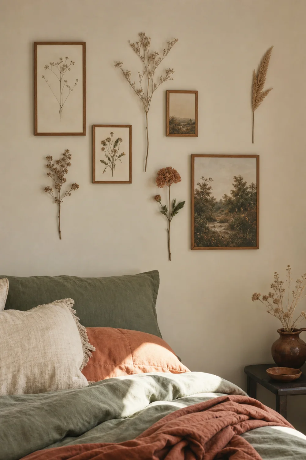 Small framed prints mounted with museum putty on a rental bedroom wall