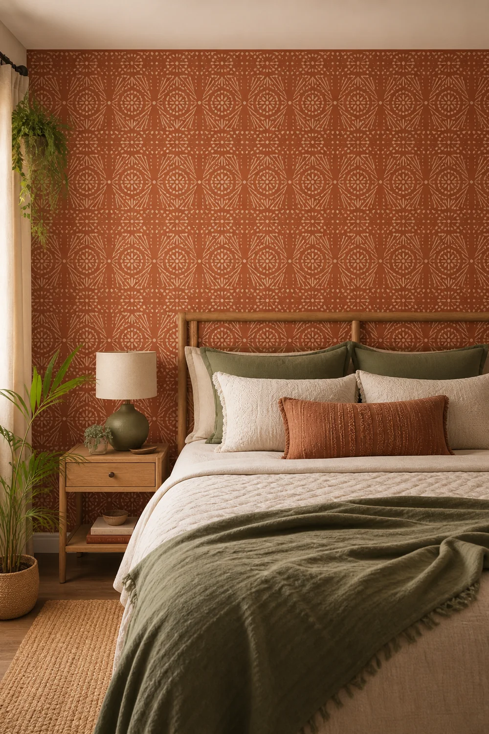 A peel-and-stick wallpaper accent wall in a rental bedroom