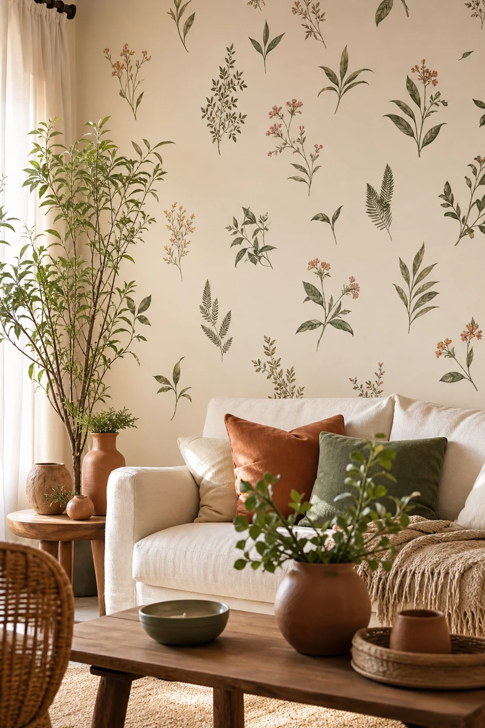 Removable botanical wall decals applied to a rental living room wall