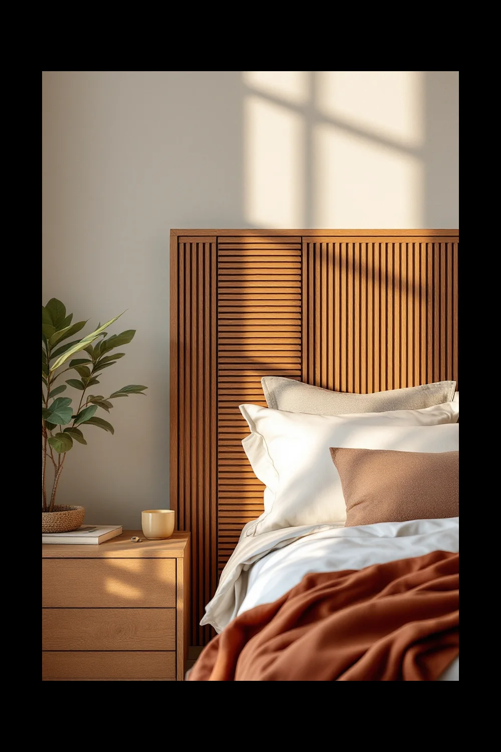 A textured wood slat accent panel installed with removable adhesive behind a rental bed