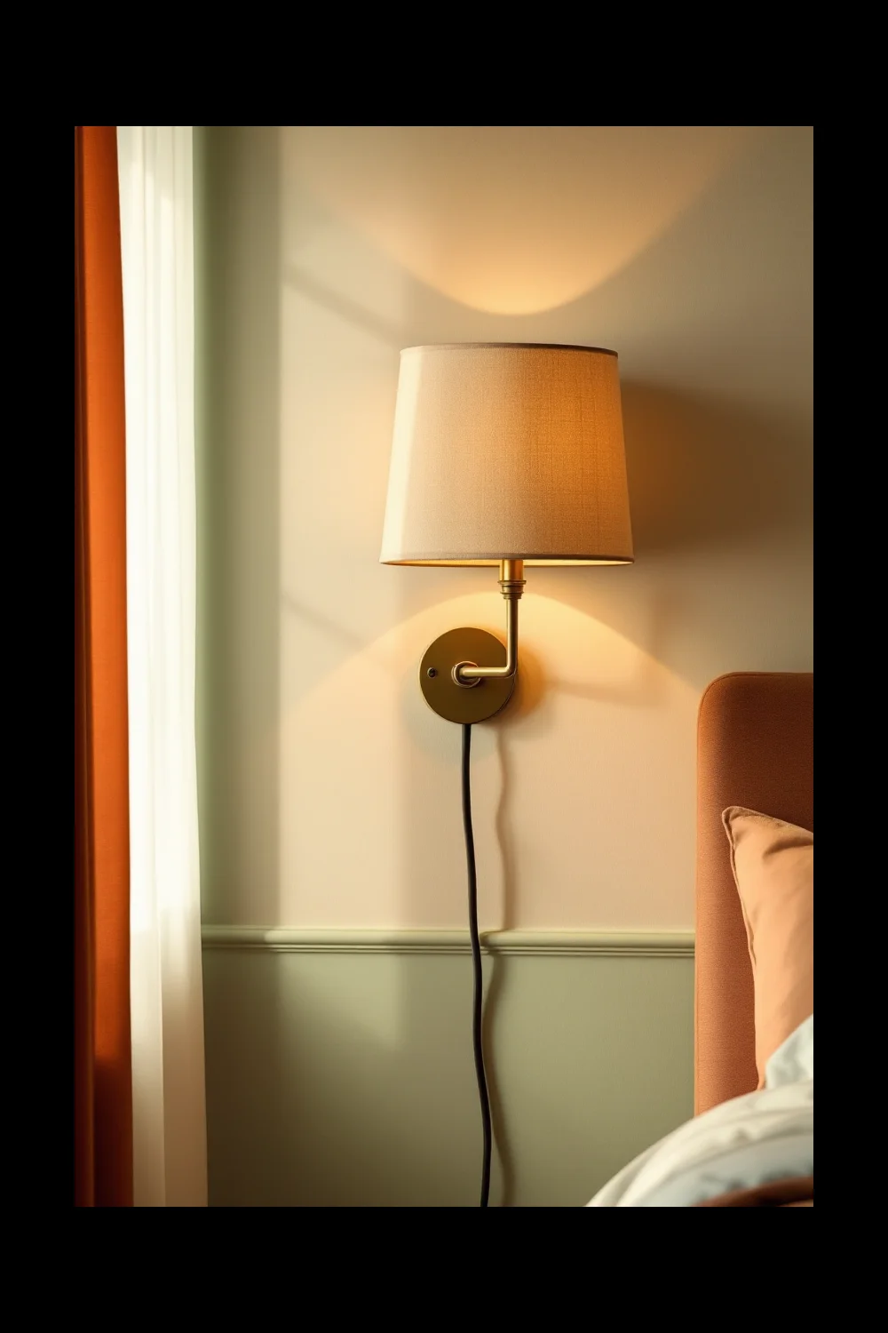 A plug-in wall sconce mounted without hardwiring in a rental bedroom