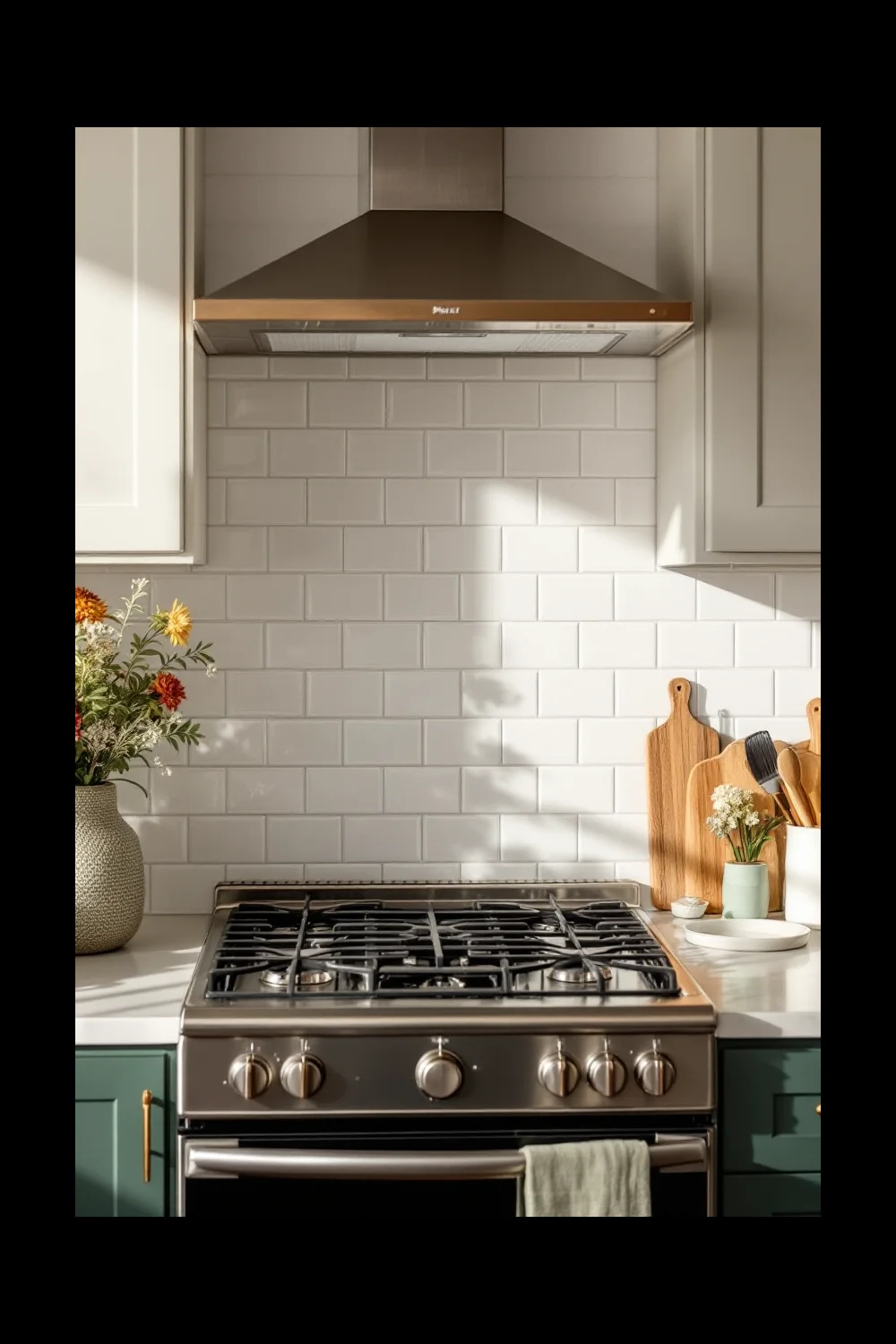 Peel-and-stick tile backsplash installed behind a rental kitchen stove