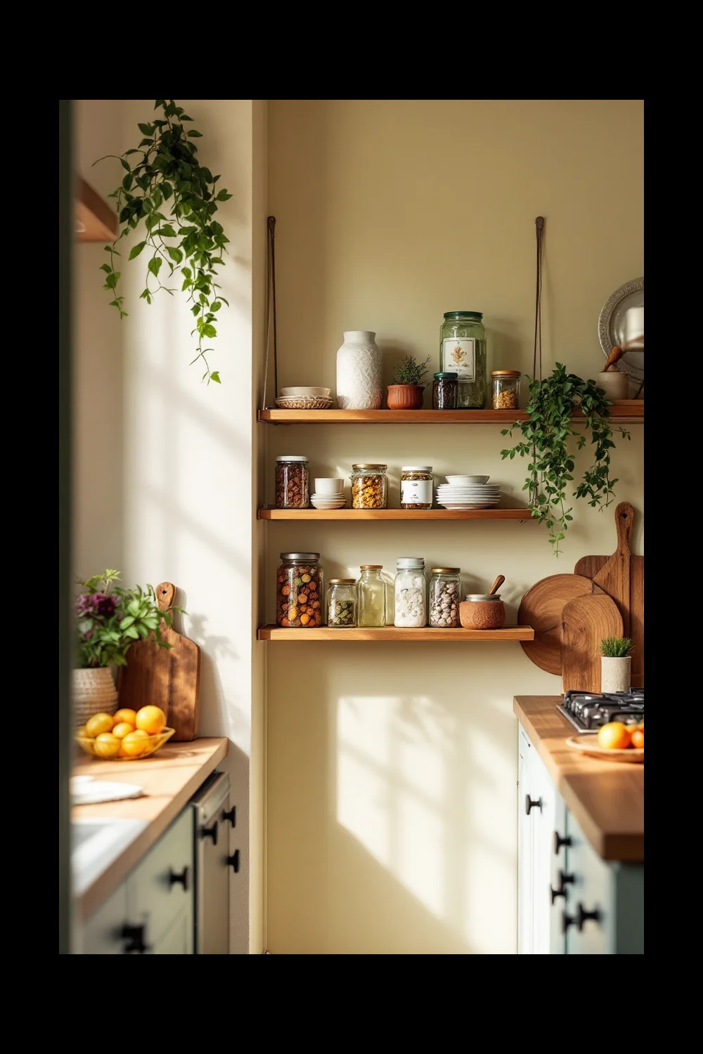 A tension-mounted shelf adding storage in a rental kitchen