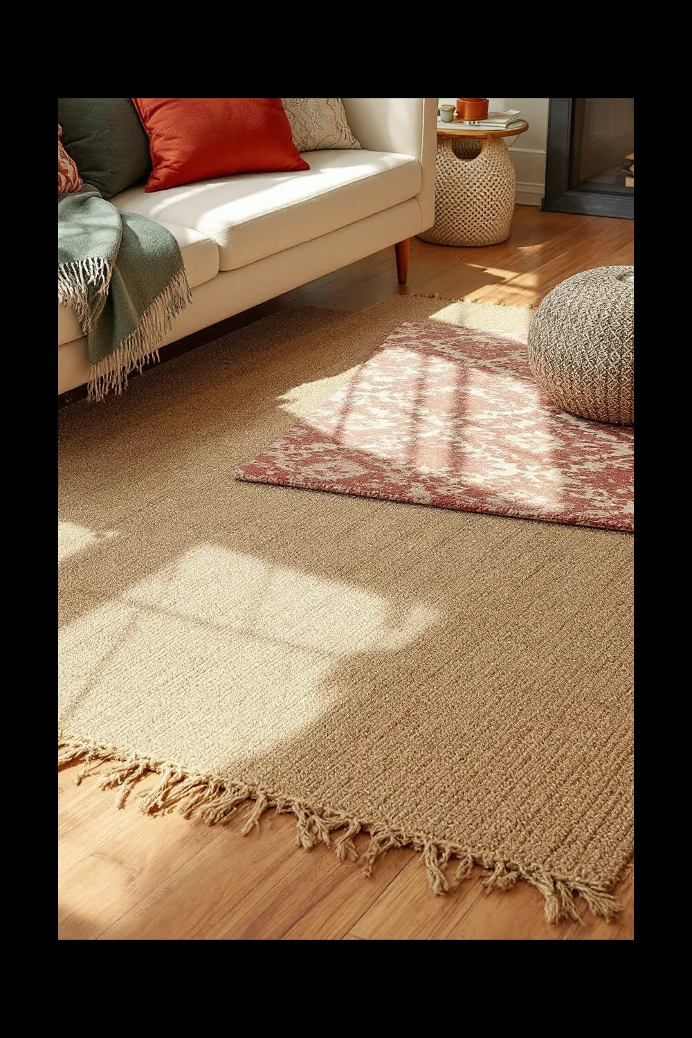 Layered rugs covering rental-grade flooring in a living room