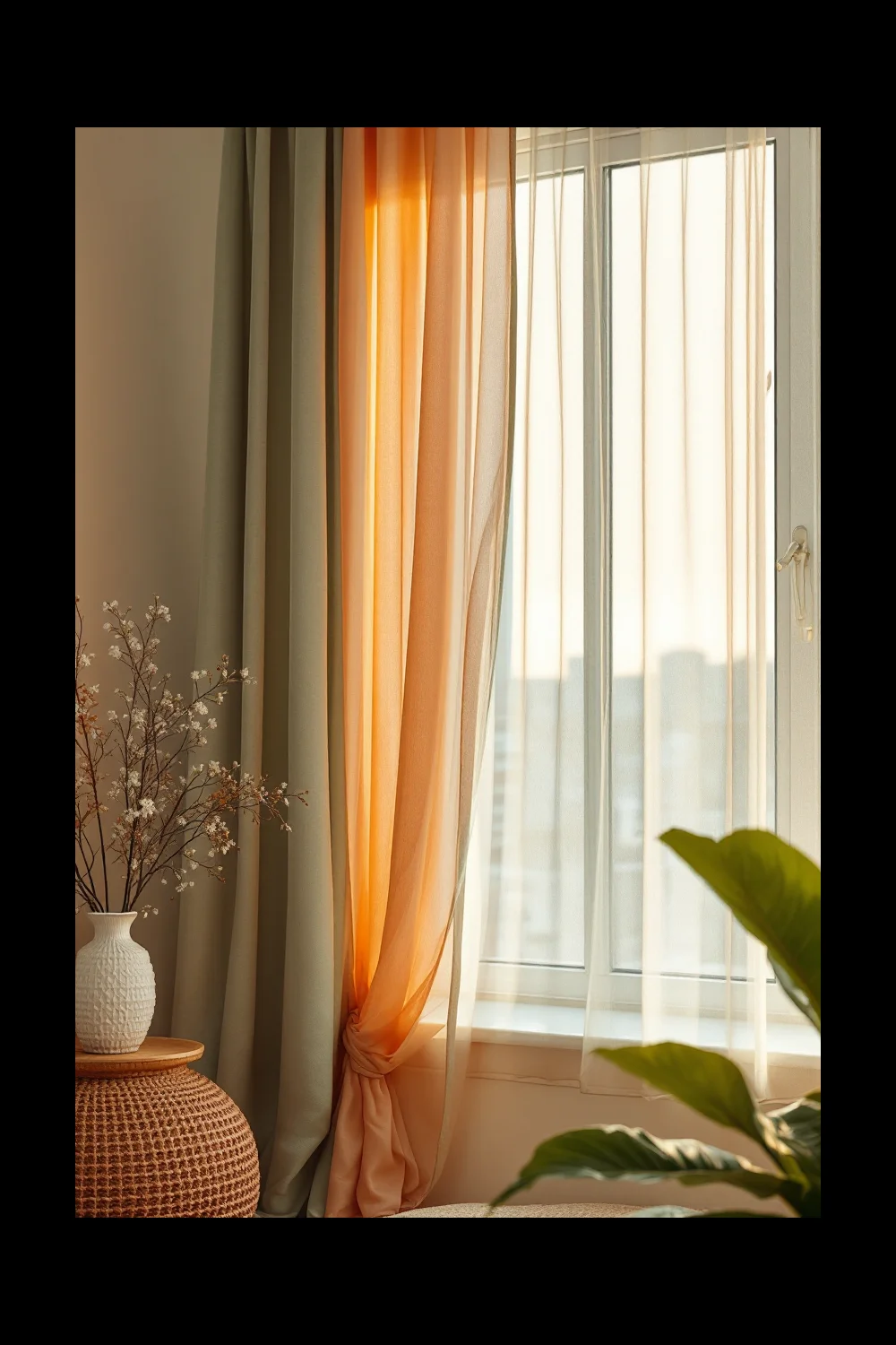 Curtains hung from a tension rod inside a rental window frame, no drilling