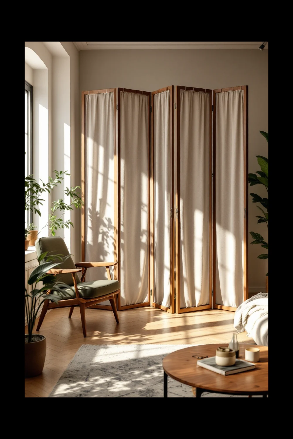 A folding screen room divider zoning a rental studio apartment