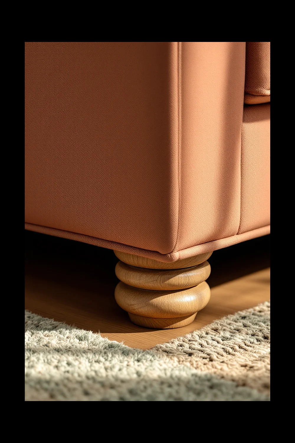 Furniture risers adding storage height under a rental apartment sofa