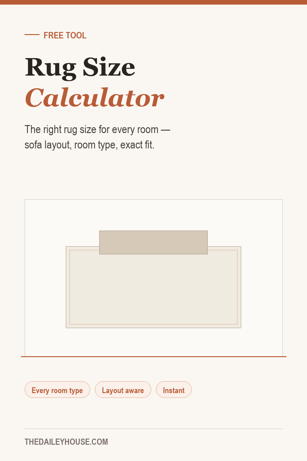 Rug size calculator showing a rug and sofa layout in a room plan