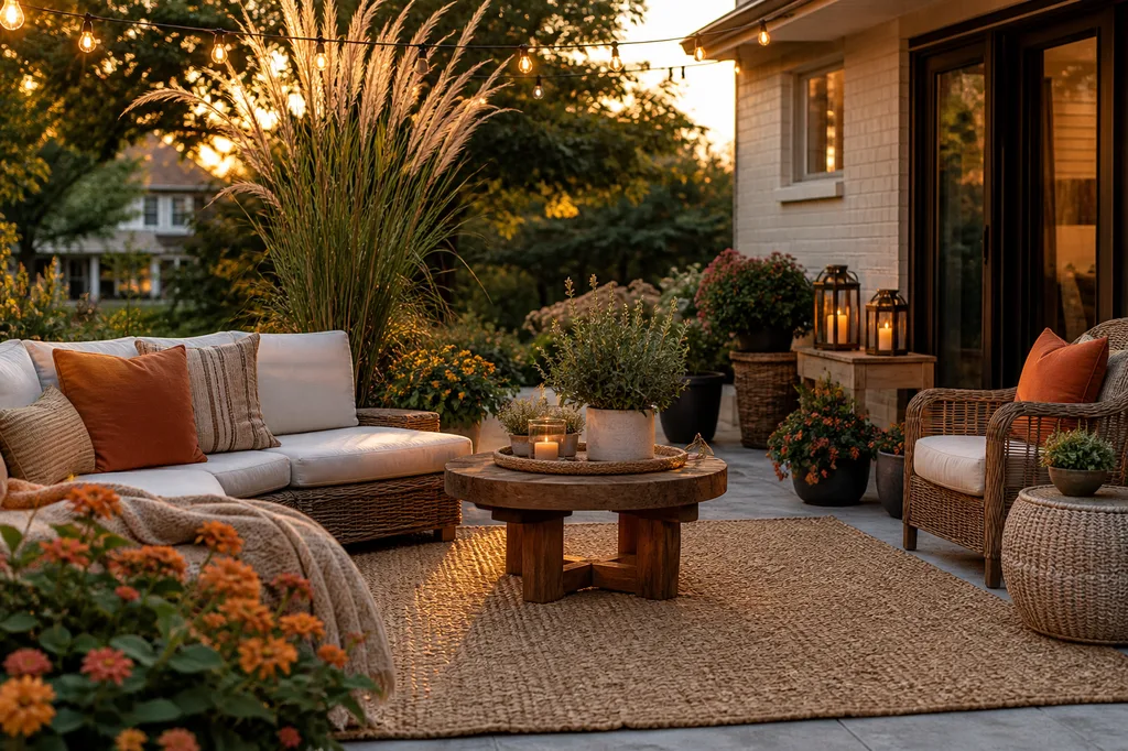 Summer patio decorated with a natural fiber rug, string lights, potted plants, and warm textiles at golden hour