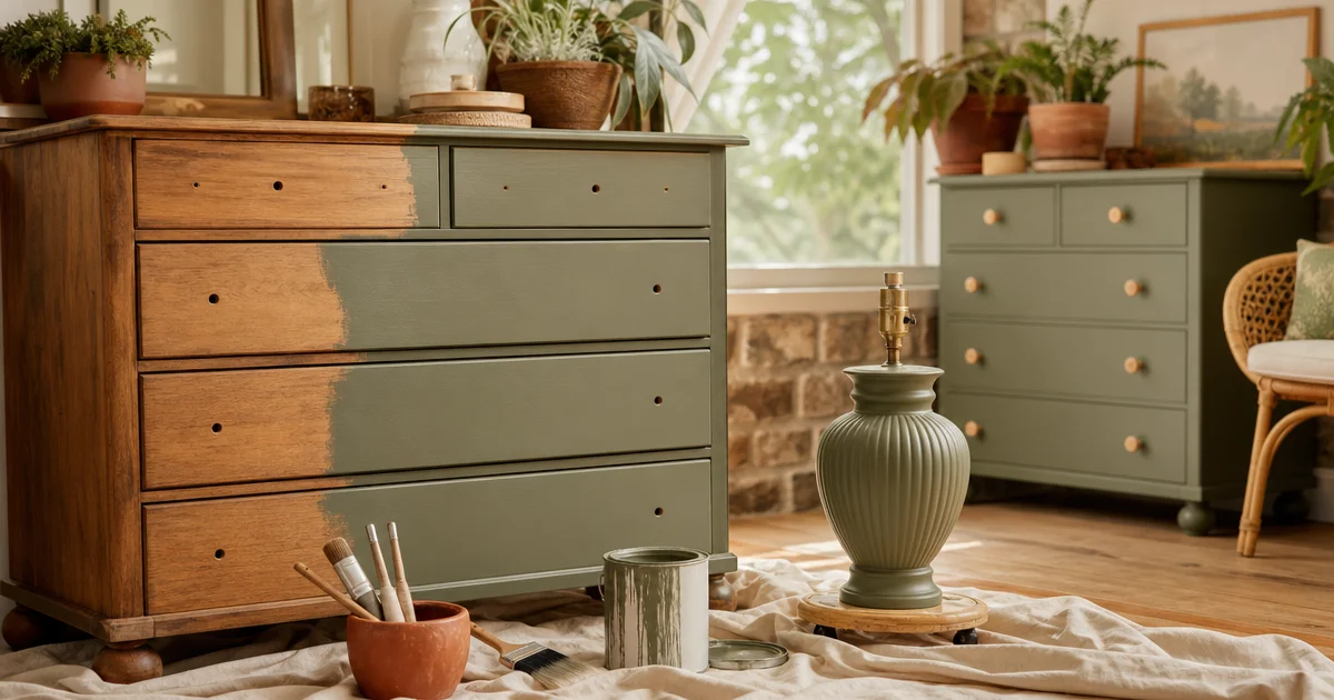 A thrift store furniture makeover in progress, painted dresser and refinished lamp on a drop cloth