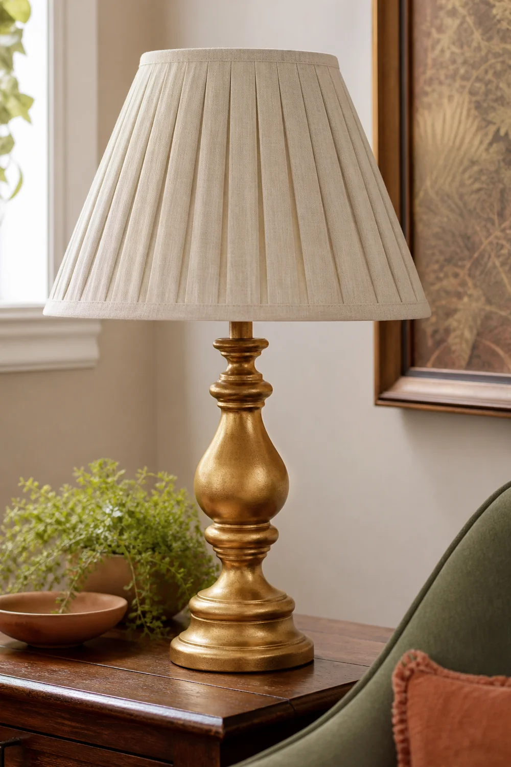 A thrift store lamp base refinished with metallic rub n buff and a new pleated shade