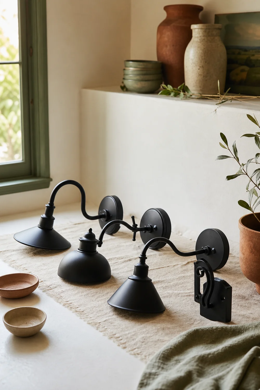 Mismatched thrift store sconces unified with matte black spray paint