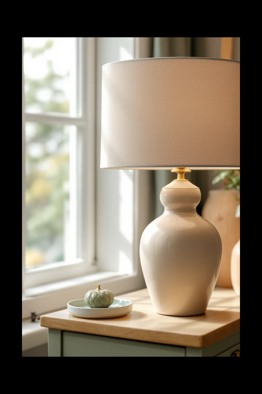 A ceramic thrift store lamp repainted with chalk paint in a warm neutral tone