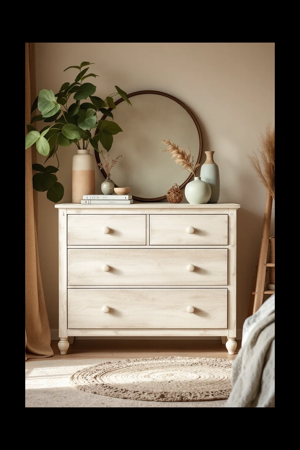 A thrift store wood dresser bleached to a soft driftwood tone, grain still visible