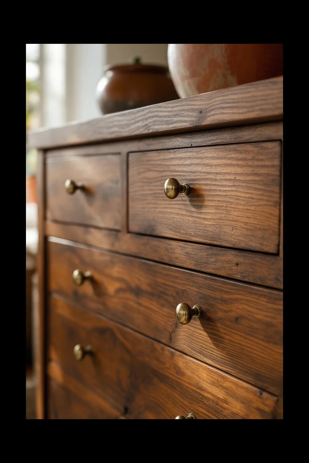 New brass hardware installed on a thrift store wood dresser with no paint change