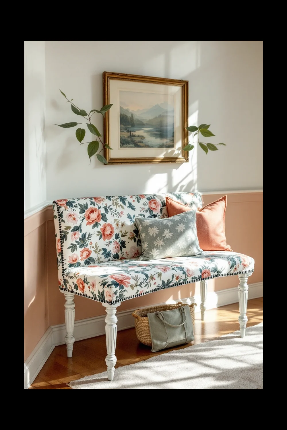 A thrift store piano bench reupholstered in floral fabric with freshly painted legs