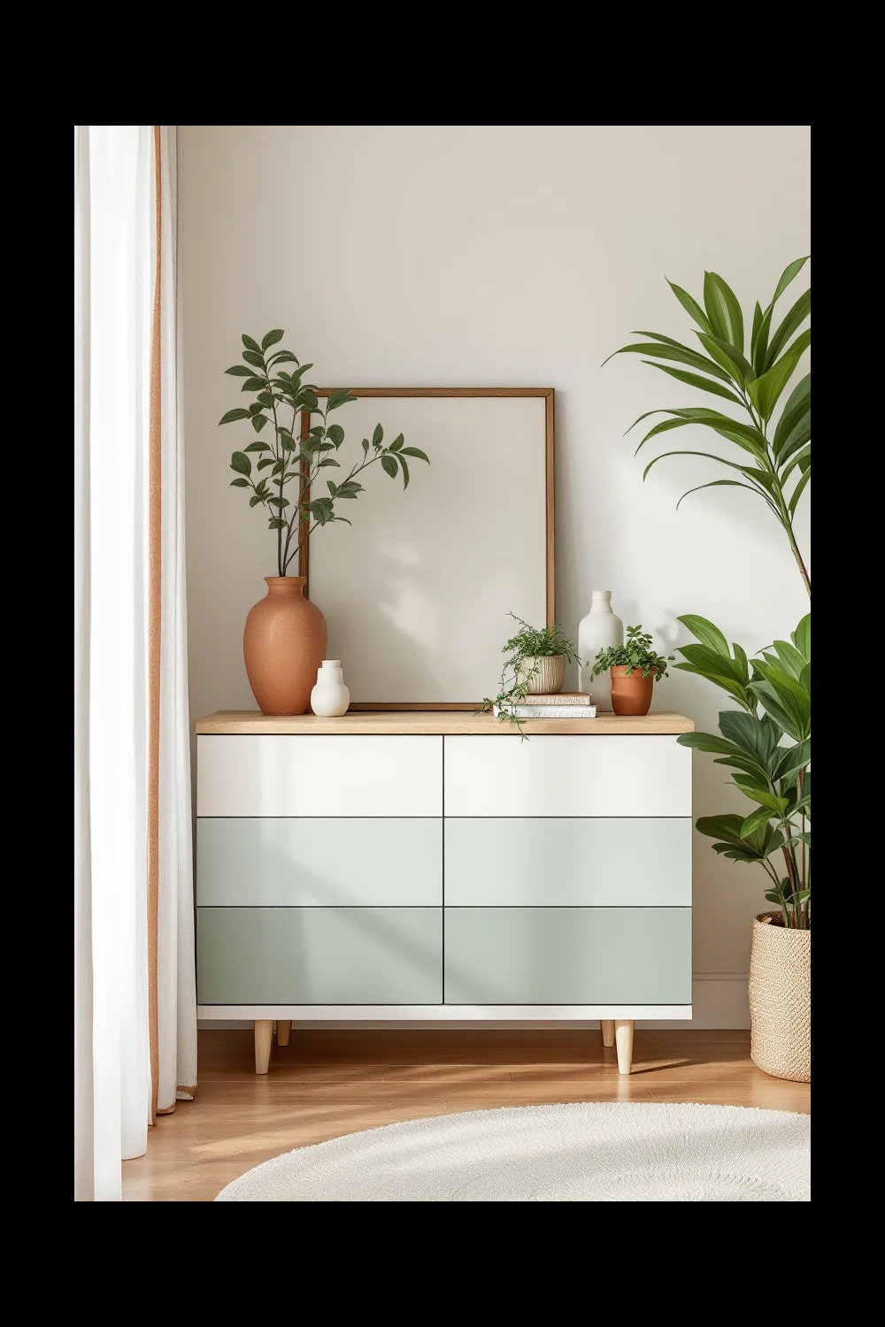 A two-tone thrift store dresser with painted body and natural bleached wood top