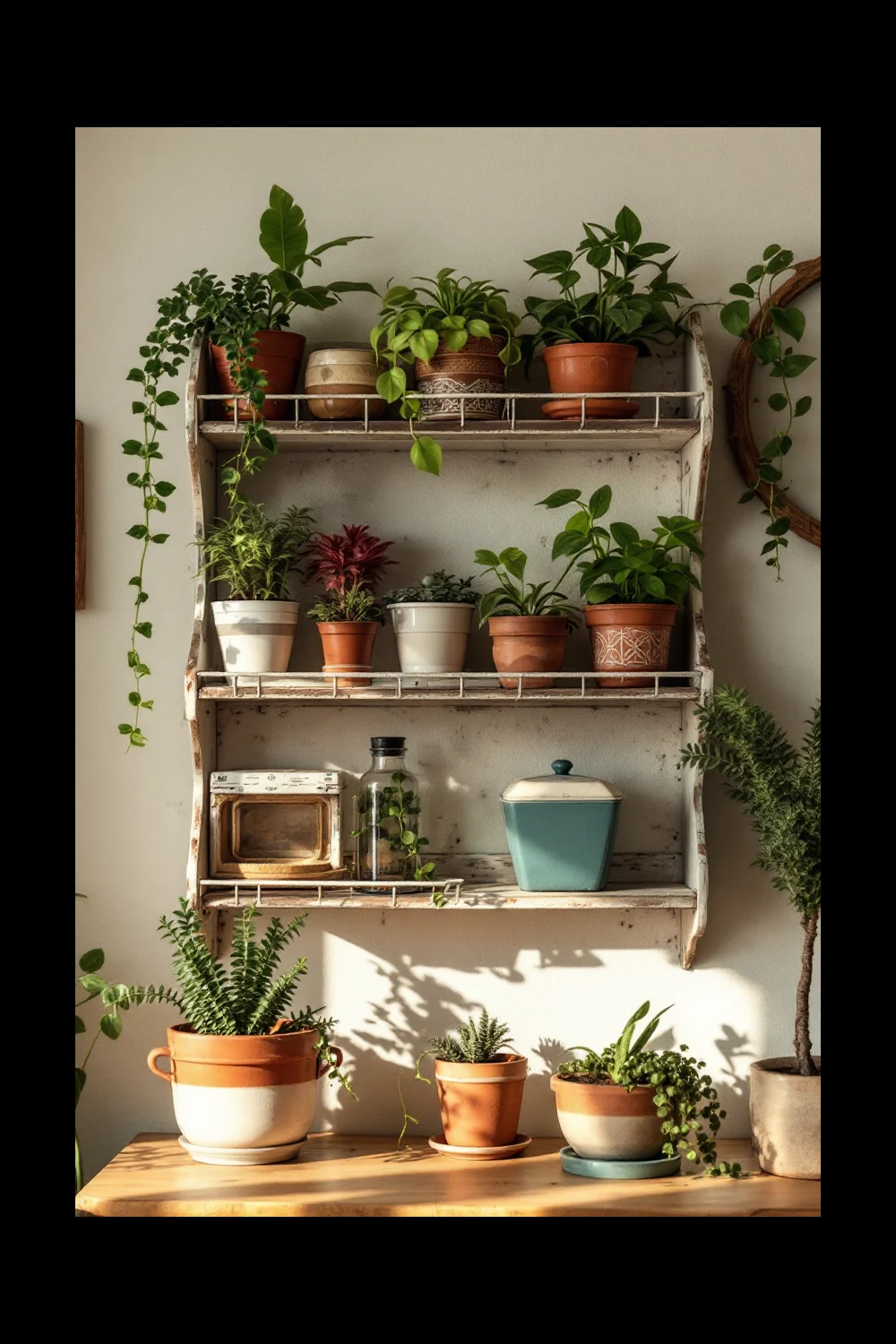 A vintage spice rack repurposed as a wall-mounted plant propagation station