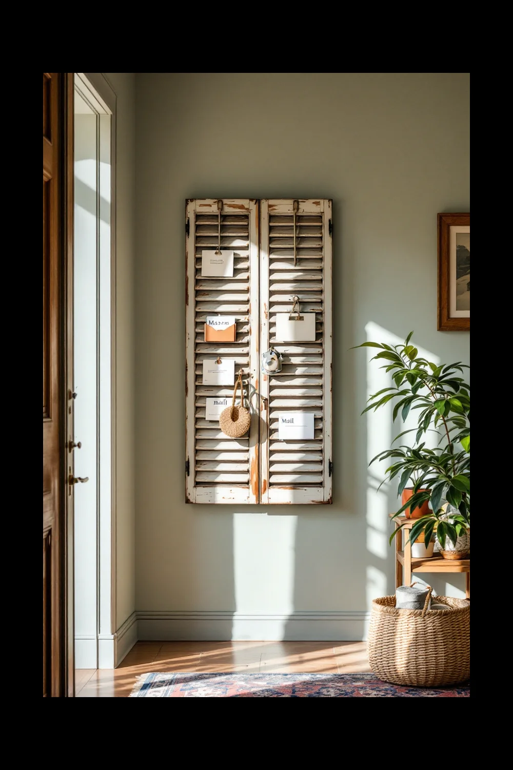 Vintage louvered shutters mounted as a mail and card display in an entryway