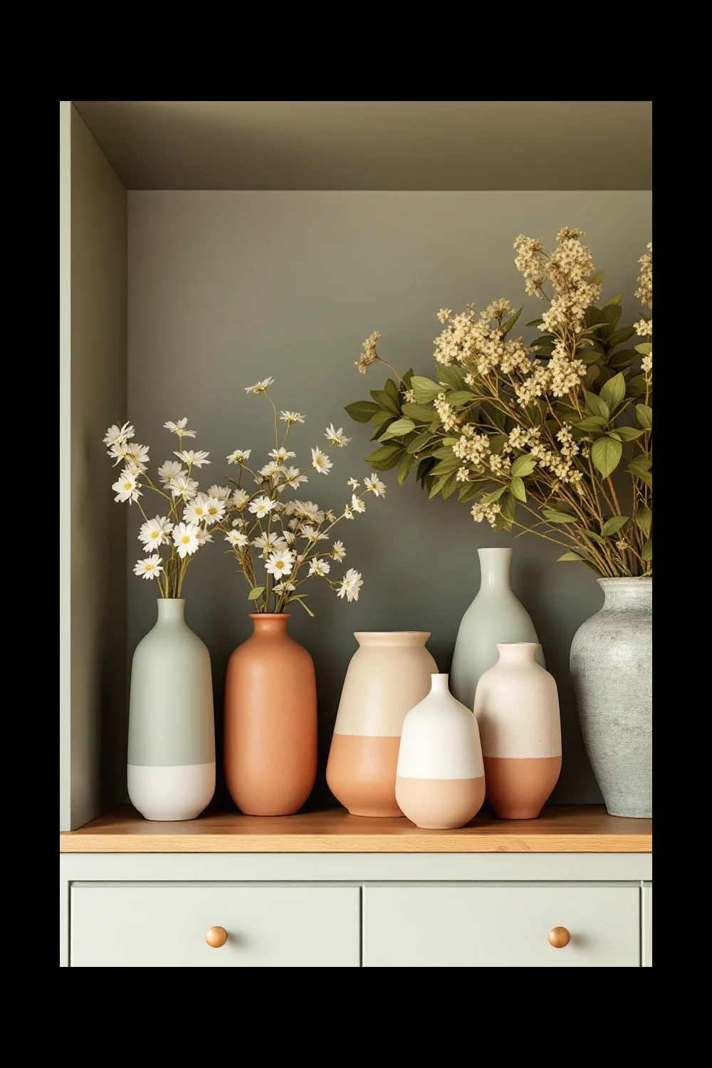 Mismatched thrift store vases unified with matching matte spray paint, grouped by height