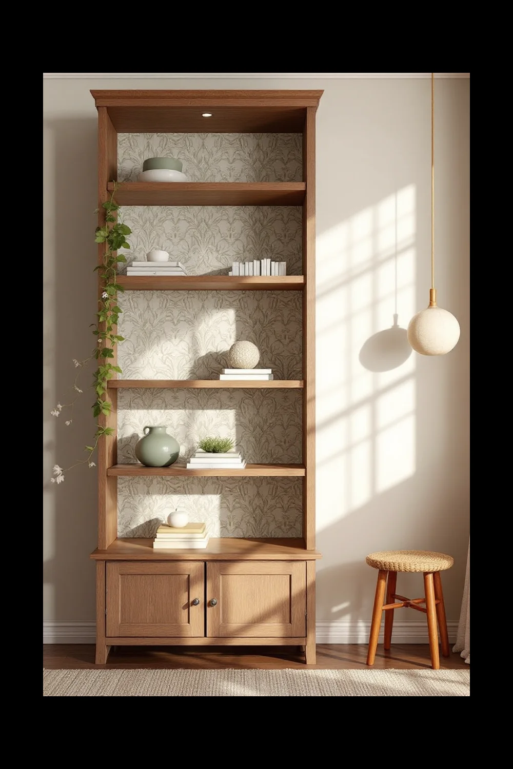 A thrift store bookshelf with the back panel lined in patterned removable wallpaper