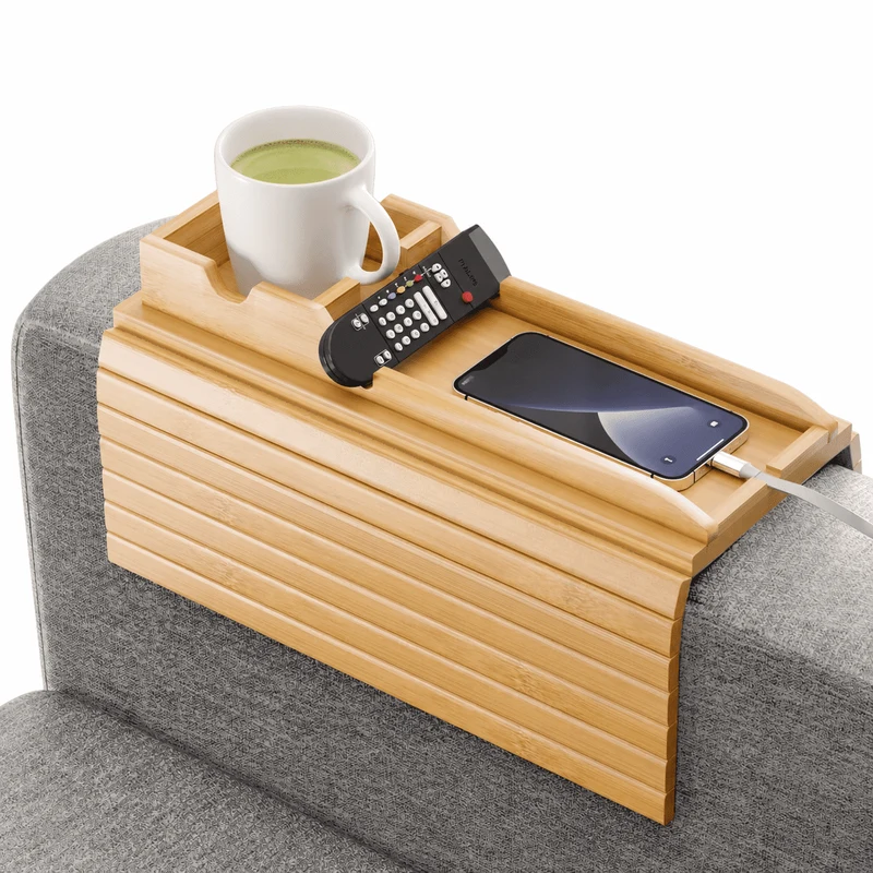 Foldable Anti-Slip Bamboo Sofa Armrest Tray Table with Built-in Cup Holder