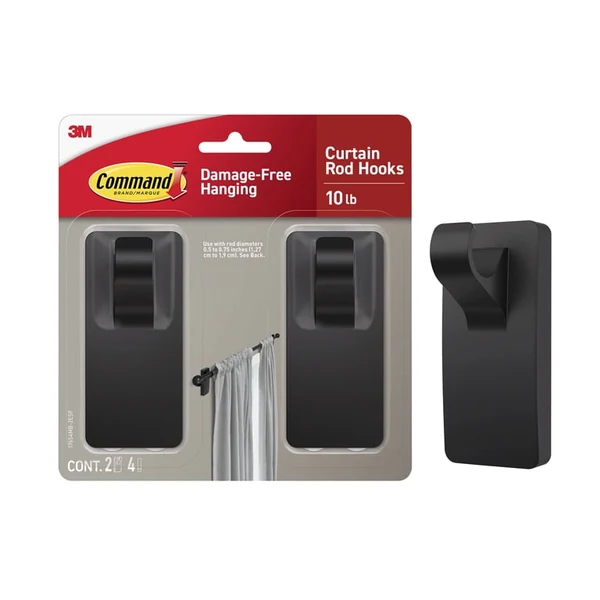 Command Matte Black Curtain Rod Hooks 2-Pack