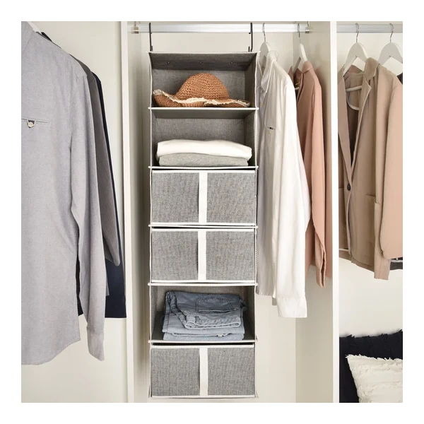 DECOMOMO Foldable Fabric Storage Baskets with Metal Label Plates on open closet shelving