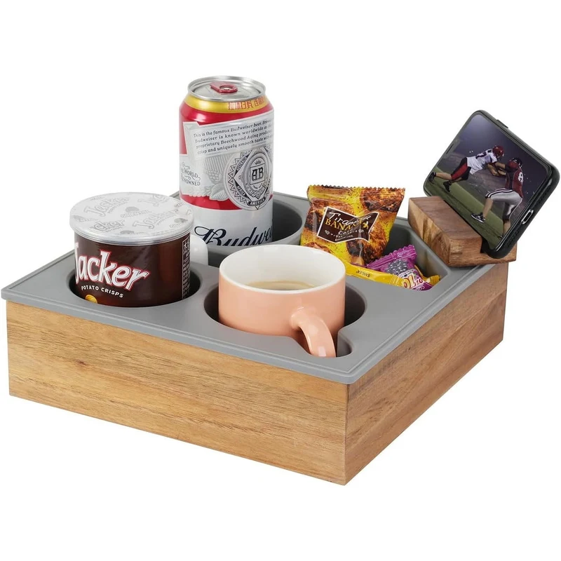 Hitseon Multi-Compartment Silicone and Acacia Couch Caddy Tray
