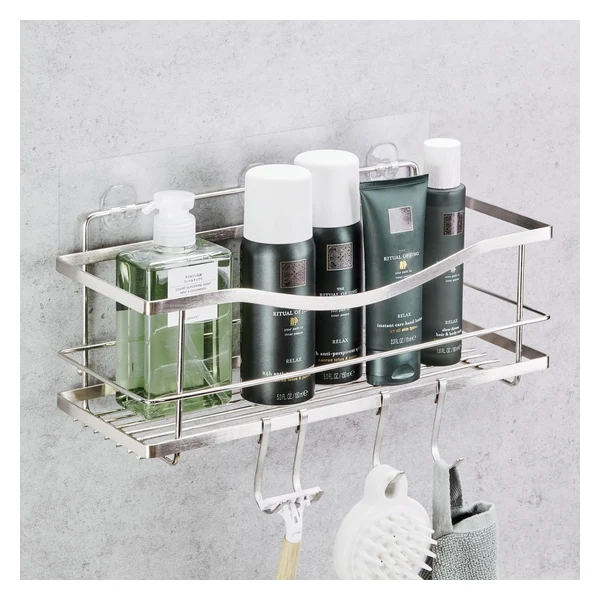 KINCMAX Premium Shower Caddy with integrated soap dish and hooks mounted on tile