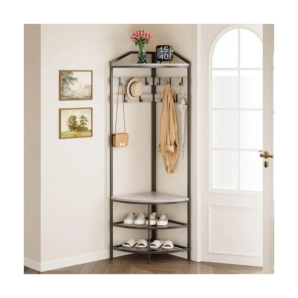 Rolanstar Corner Coat Rack Stand with Shoe Bench and Top Shelf