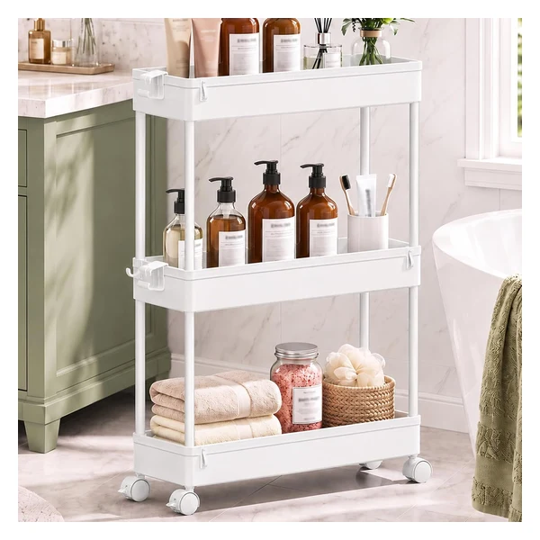 SPACEKEEPER 3-Tier Slim Rolling Storage Cart with wheels and side hanging hooks