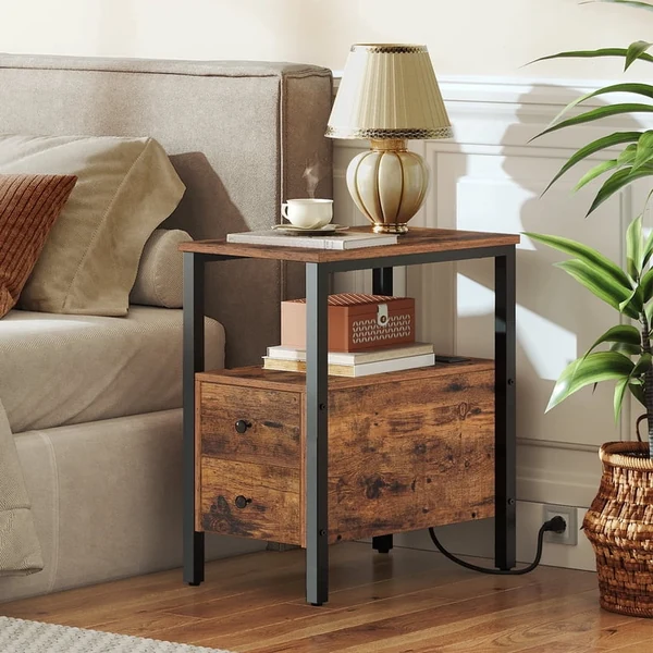 SUPERJARE Slim End Table with Flip-Top Hidden Charging Station