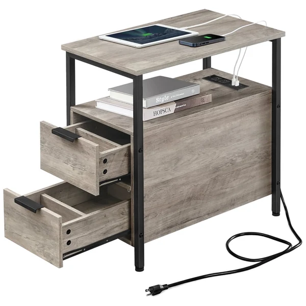 VASAGLE Slim Side Table with Power Outlets and Fabric Pocket