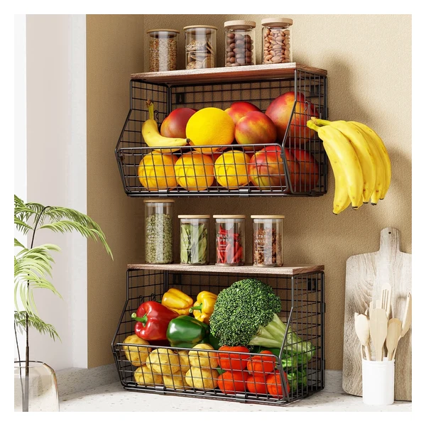 AUPSEN 2-Tier Fruit Basket with Solid Wood Top